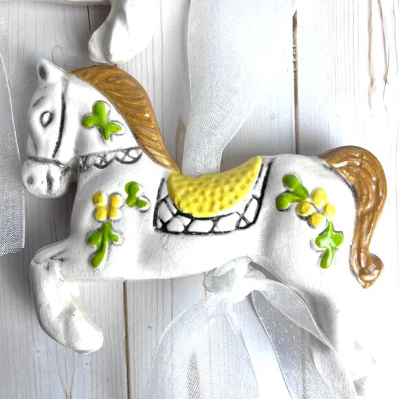 Pair GiGi VTG 70s Carousel Horse Ceramic Figurine Decor Ornament White Fairytale - Picture 3 of 10